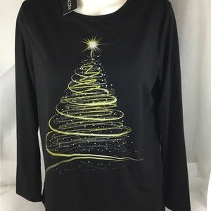 NWT Black Ladies Med Top With Swirled Gold Christmas Tree Long Sleeve